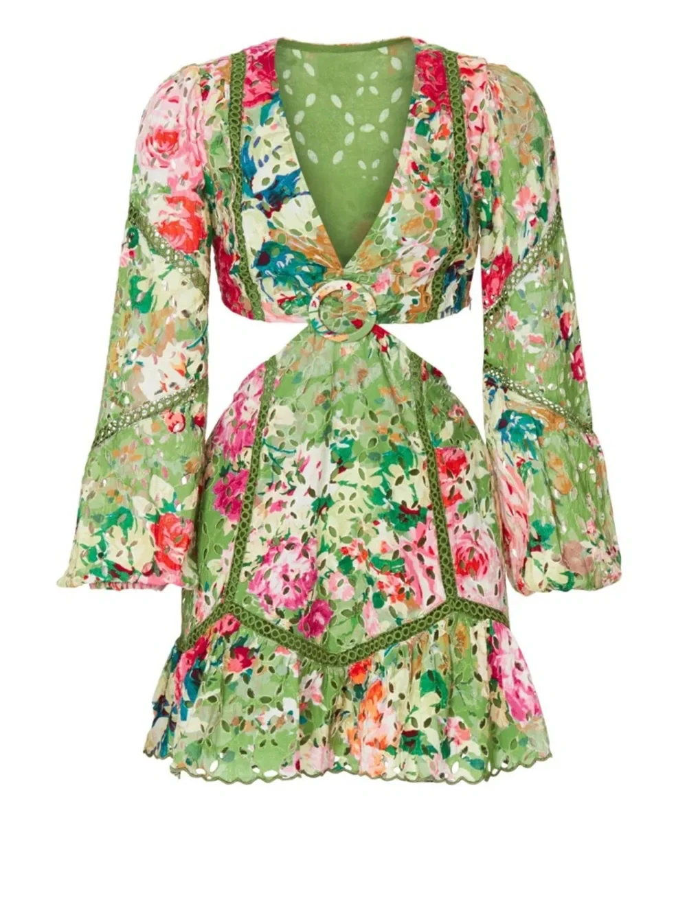 HEMANT & NANDITA - Green Floral Cutout Mini Dress - Women’s Small 2/4 - Picture 1 of 9